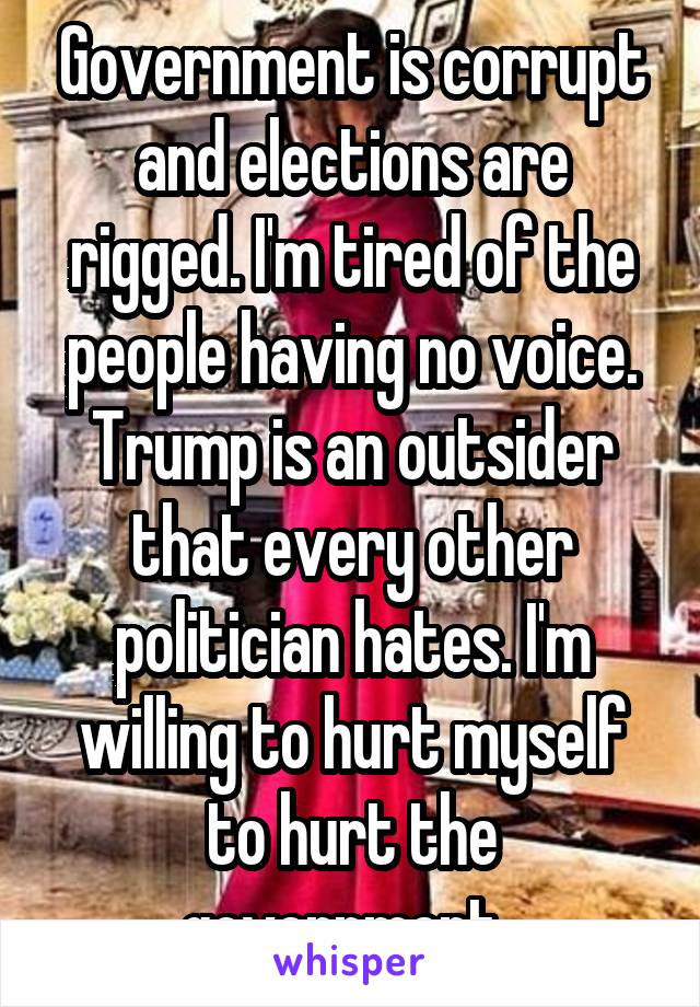 Government is corrupt and elections are rigged. I'm tired of the people having no voice. Trump is an outsider that every other politician hates. I'm willing to hurt myself to hurt the government. 