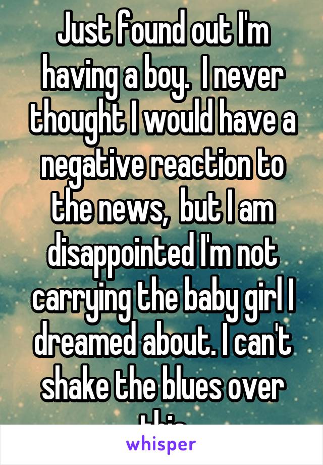 Just found out I'm having a boy.  I never thought I would have a negative reaction to the news,  but I am disappointed I'm not carrying the baby girl I dreamed about. I can't shake the blues over this