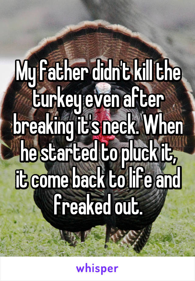 My father didn't kill the turkey even after breaking it's neck. When he started to pluck it, it come back to life and freaked out.