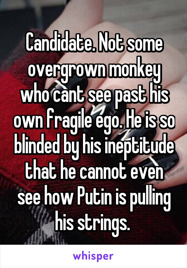 Candidate. Not some overgrown monkey who cant see past his own fragile ego. He is so blinded by his ineptitude that he cannot even see how Putin is pulling his strings. 