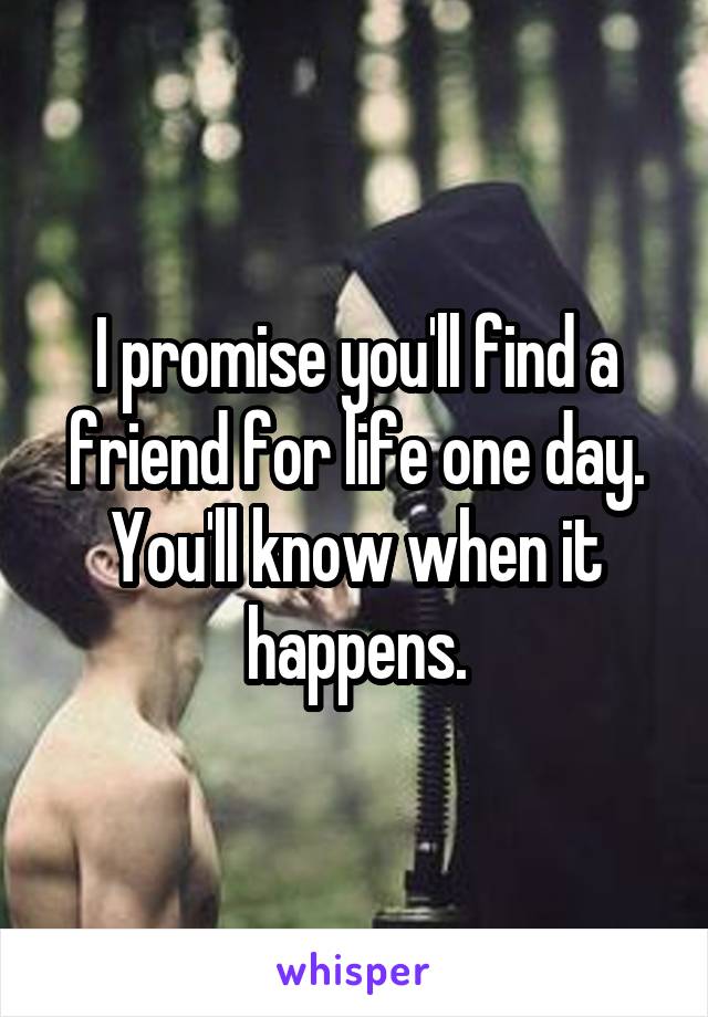 I promise you'll find a friend for life one day. You'll know when it happens.