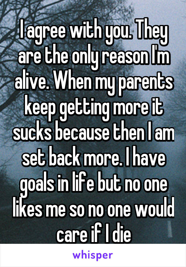 I agree with you. They are the only reason I'm alive. When my parents keep getting more it sucks because then I am set back more. I have goals in life but no one likes me so no one would care if I die