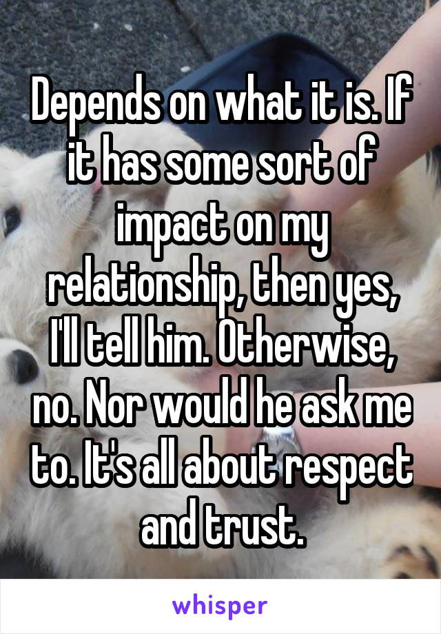 Depends on what it is. If it has some sort of impact on my relationship, then yes, I'll tell him. Otherwise, no. Nor would he ask me to. It's all about respect and trust.