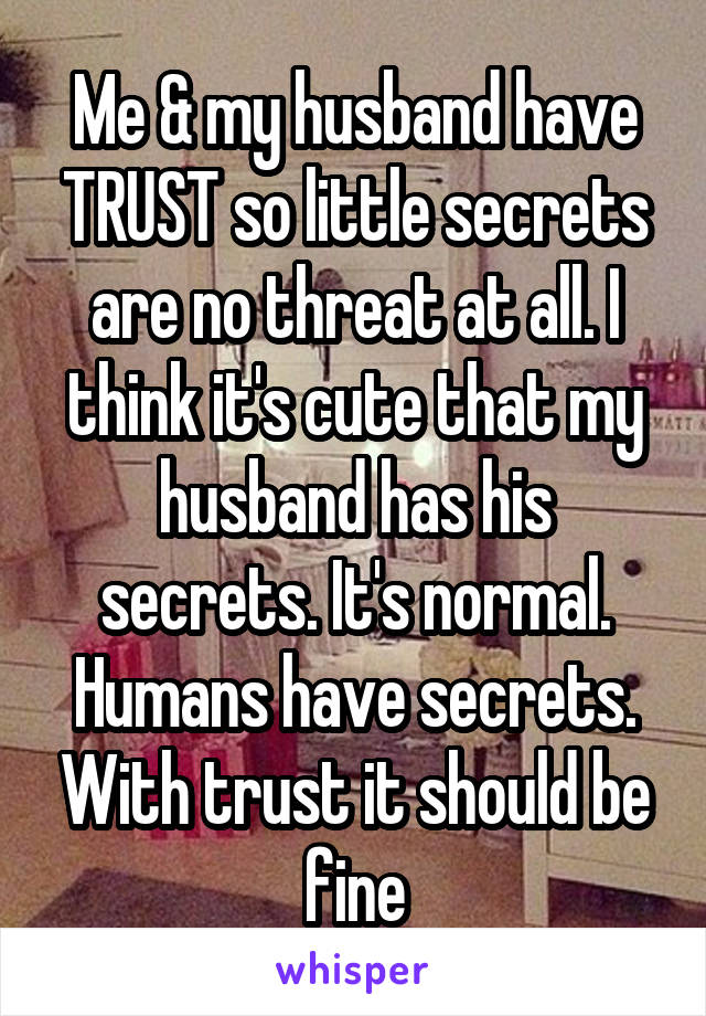 Me & my husband have TRUST so little secrets are no threat at all. I think it's cute that my husband has his secrets. It's normal. Humans have secrets. With trust it should be fine