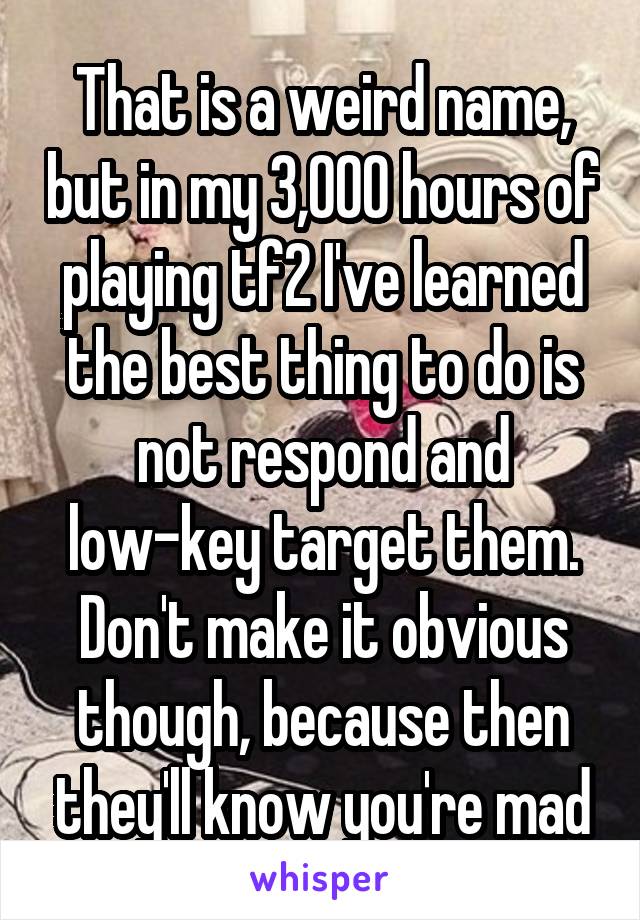 That is a weird name, but in my 3,000 hours of playing tf2 I've learned the best thing to do is not respond and low-key target them. Don't make it obvious though, because then they'll know you're mad