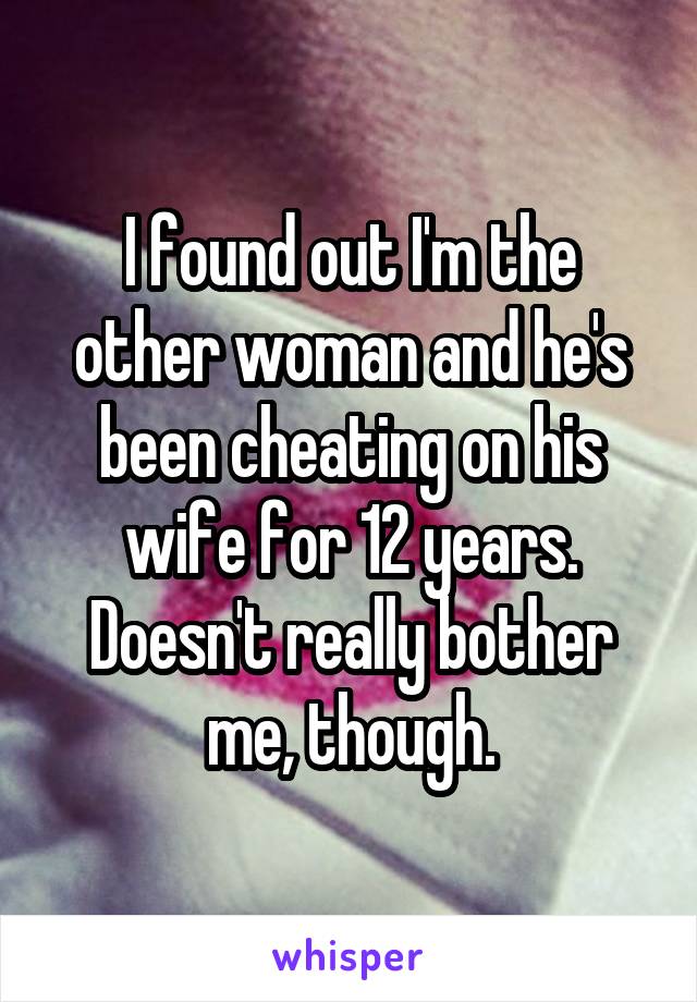 I found out I'm the other woman and he's been cheating on his wife for 12 years. Doesn't really bother me, though.