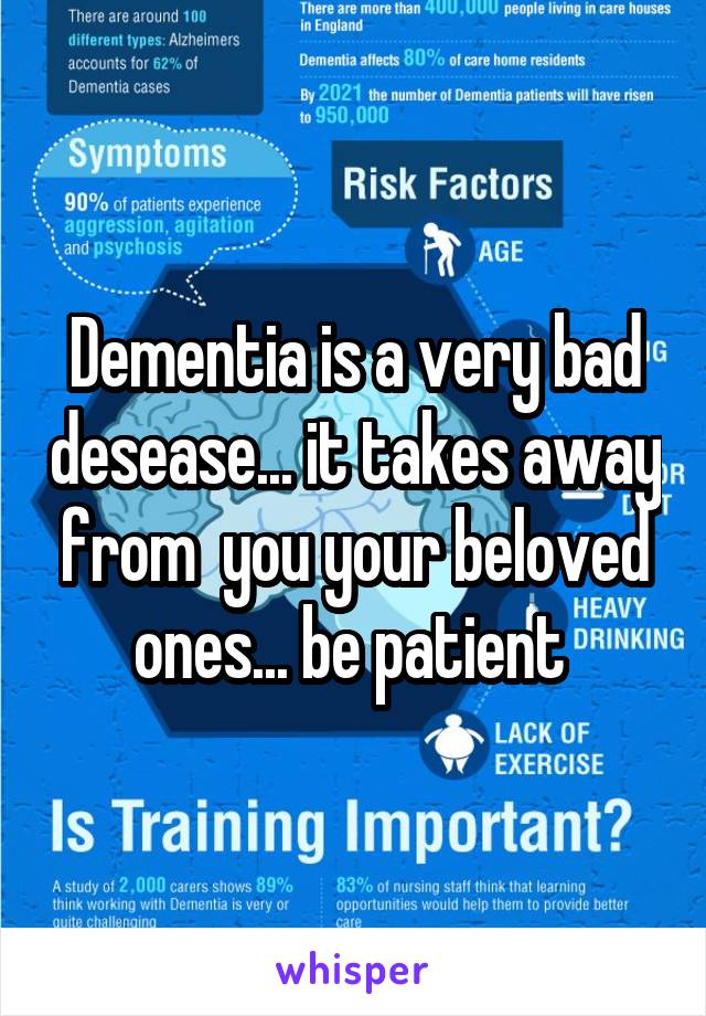 Dementia is a very bad desease... it takes away from  you your beloved ones... be patient 