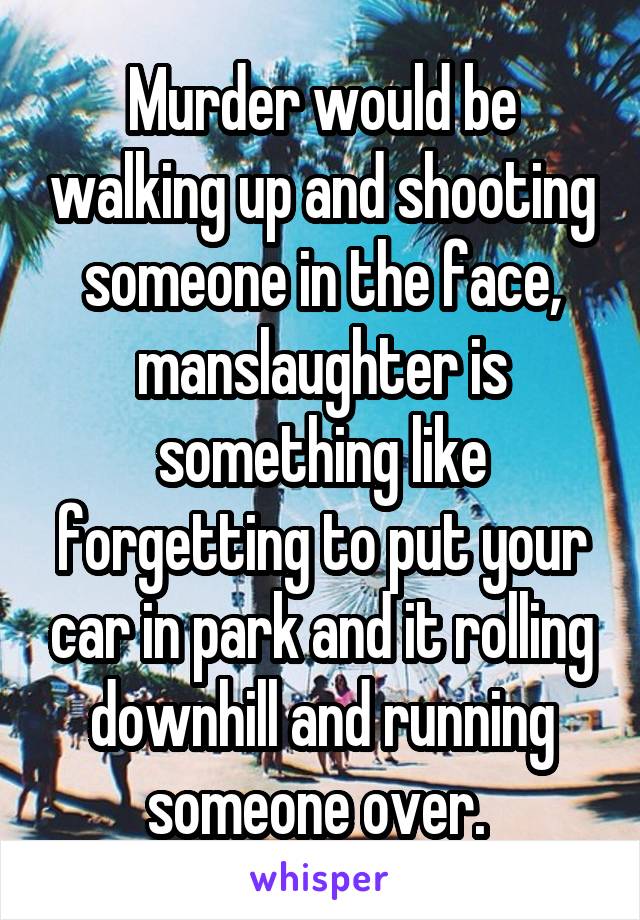 Murder would be walking up and shooting someone in the face, manslaughter is something like forgetting to put your car in park and it rolling downhill and running someone over. 