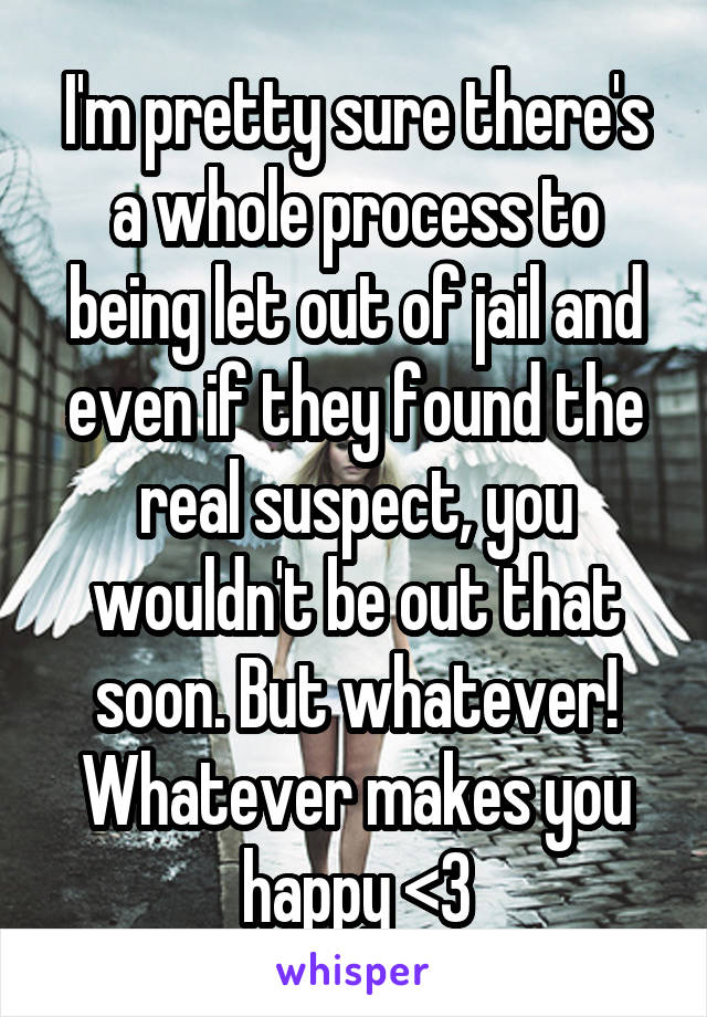 I'm pretty sure there's a whole process to being let out of jail and even if they found the real suspect, you wouldn't be out that soon. But whatever! Whatever makes you happy <3