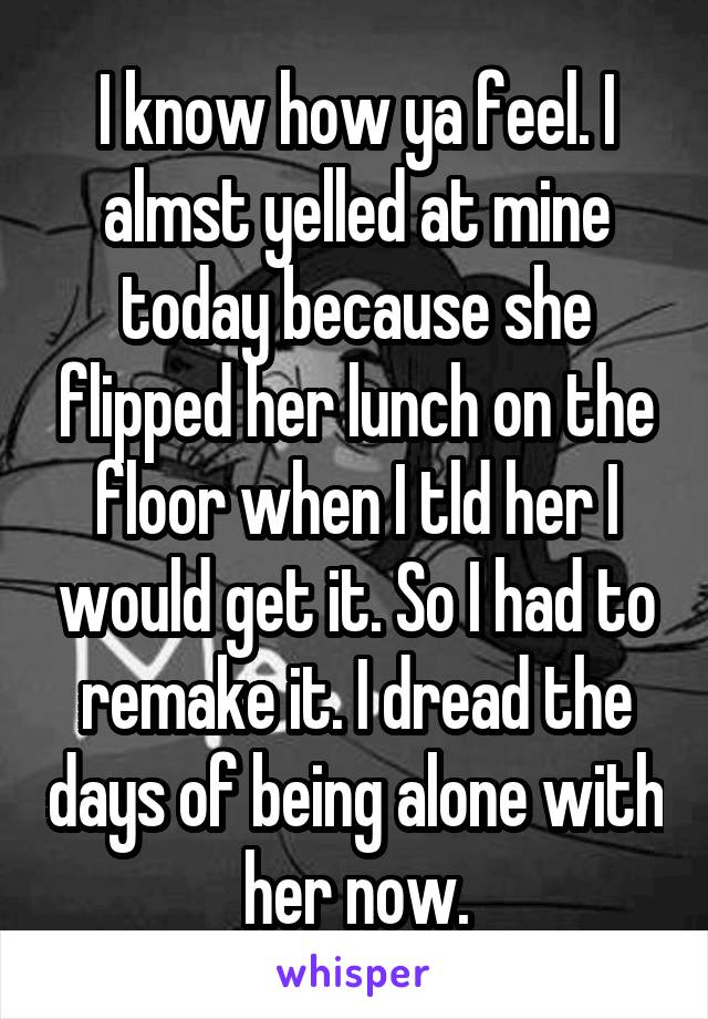 I know how ya feel. I almst yelled at mine today because she flipped her lunch on the floor when I tld her I would get it. So I had to remake it. I dread the days of being alone with her now.