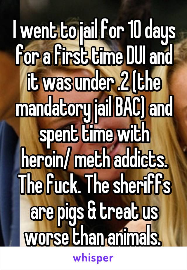 I went to jail for 10 days for a first time DUI and it was under .2 (the mandatory jail BAC) and spent time with heroin/ meth addicts. The fuck. The sheriffs are pigs & treat us worse than animals. 