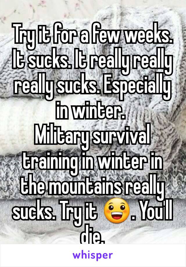 Try it for a few weeks. It sucks. It really really really sucks. Especially in winter. 
Military survival training in winter in the mountains really sucks. Try it 😀. You'll die.