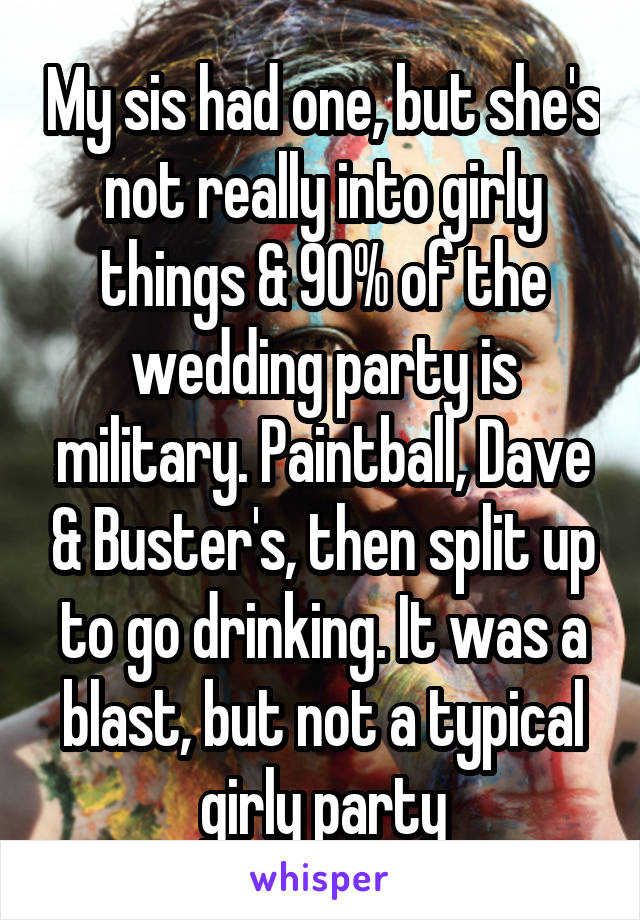 My sis had one, but she's not really into girly things & 90% of the wedding party is military. Paintball, Dave & Buster's, then split up to go drinking. It was a blast, but not a typical girly party