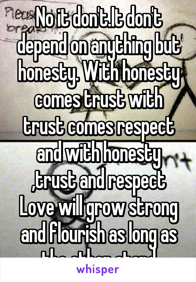 No it don't.It don't depend on anything but honesty. With honesty comes trust with trust comes respect and with honesty ,trust and respect Love will grow strong and flourish as long as the other stand