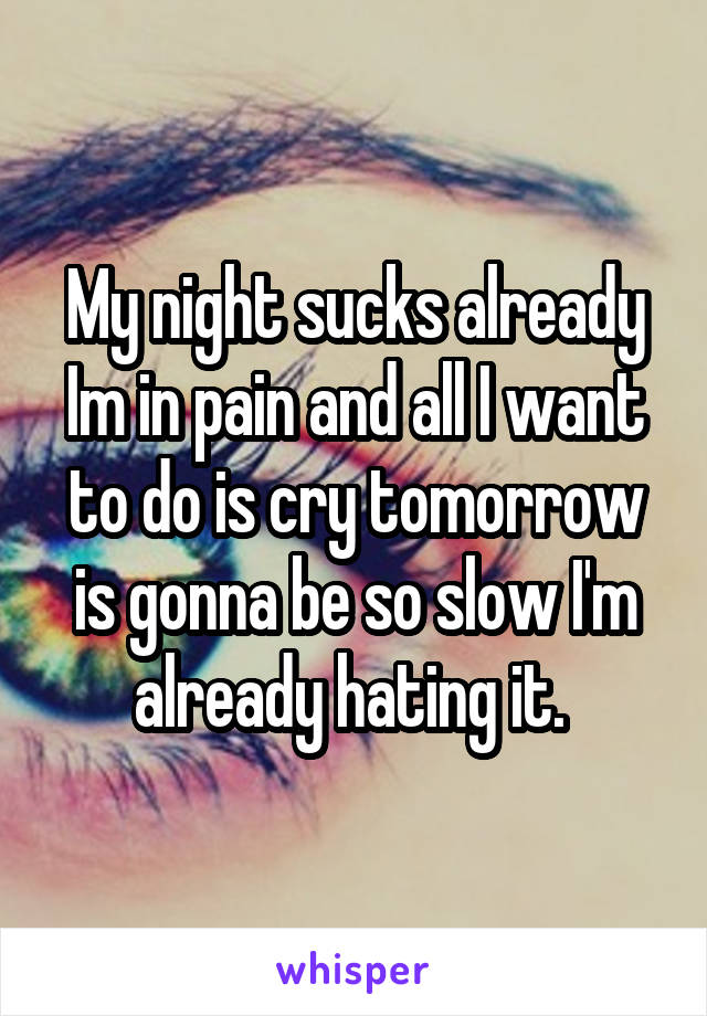 My night sucks already Im in pain and all I want to do is cry tomorrow is gonna be so slow I'm already hating it. 