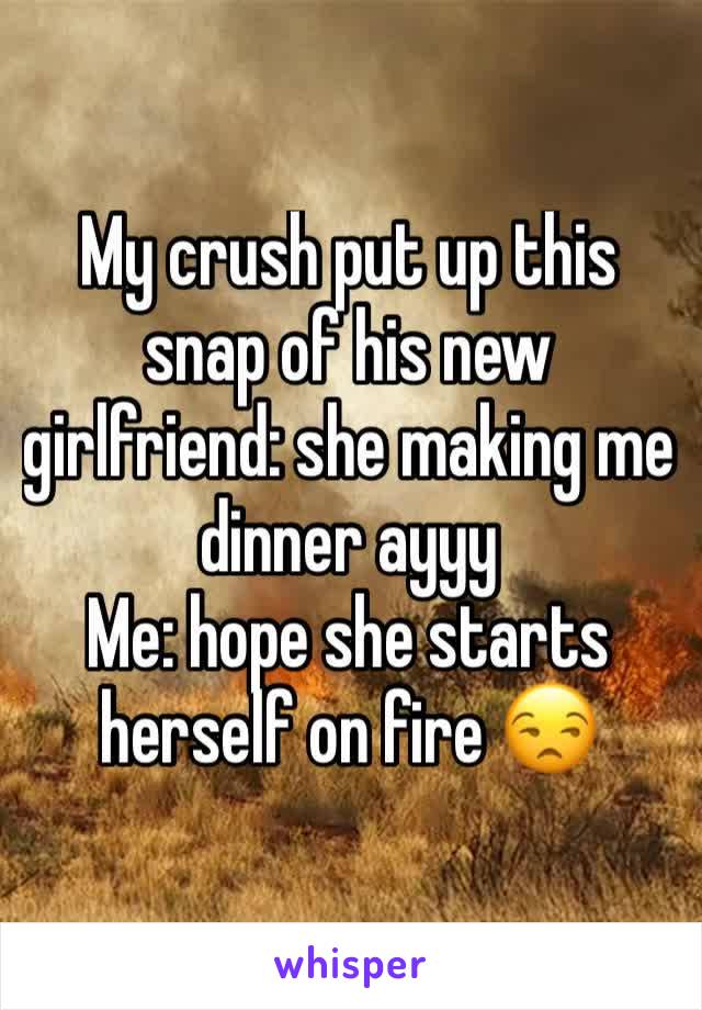 My crush put up this snap of his new girlfriend: she making me dinner ayyy
Me: hope she starts herself on fire 😒