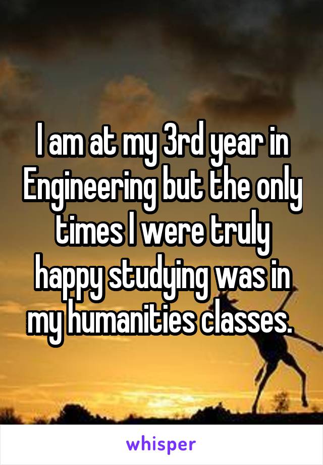 I am at my 3rd year in Engineering but the only times I were truly happy studying was in my humanities classes. 