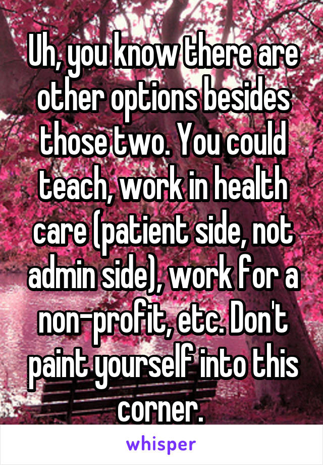 Uh, you know there are other options besides those two. You could teach, work in health care (patient side, not admin side), work for a non-profit, etc. Don't paint yourself into this corner. 