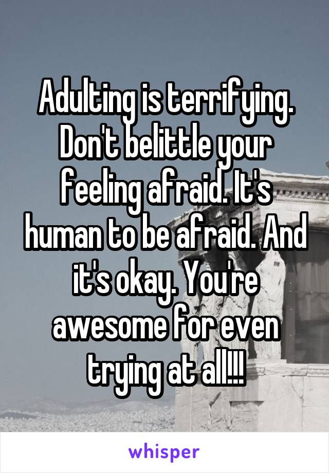 Adulting is terrifying. Don't belittle your feeling afraid. It's human to be afraid. And it's okay. You're awesome for even trying at all!!!