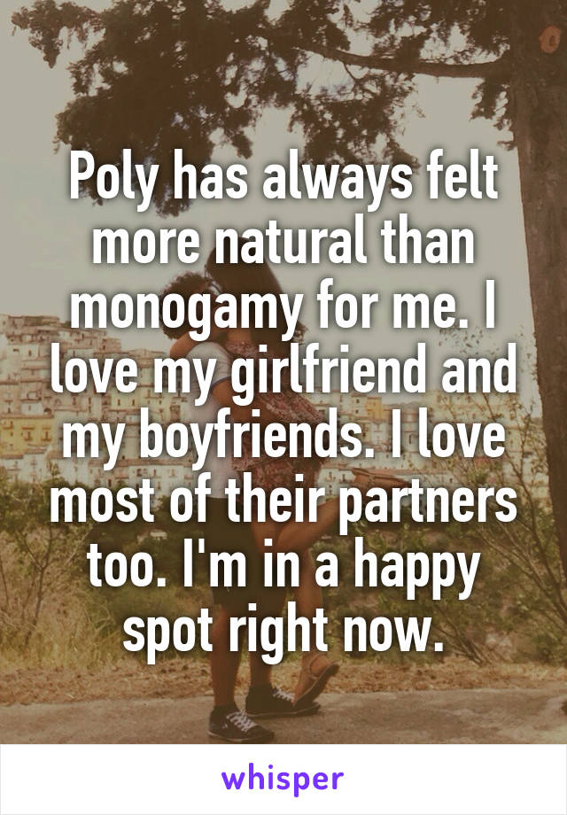 Poly has always felt more natural than monogamy for me. I love my girlfriend and my boyfriends. I love most of their partners too. I'm in a happy spot right now.