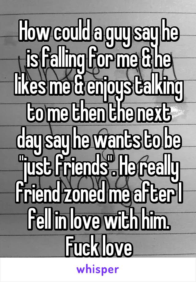 How could a guy say he is falling for me & he likes me & enjoys talking to me then the next day say he wants to be "just friends". He really friend zoned me after I fell in love with him. Fuck love
