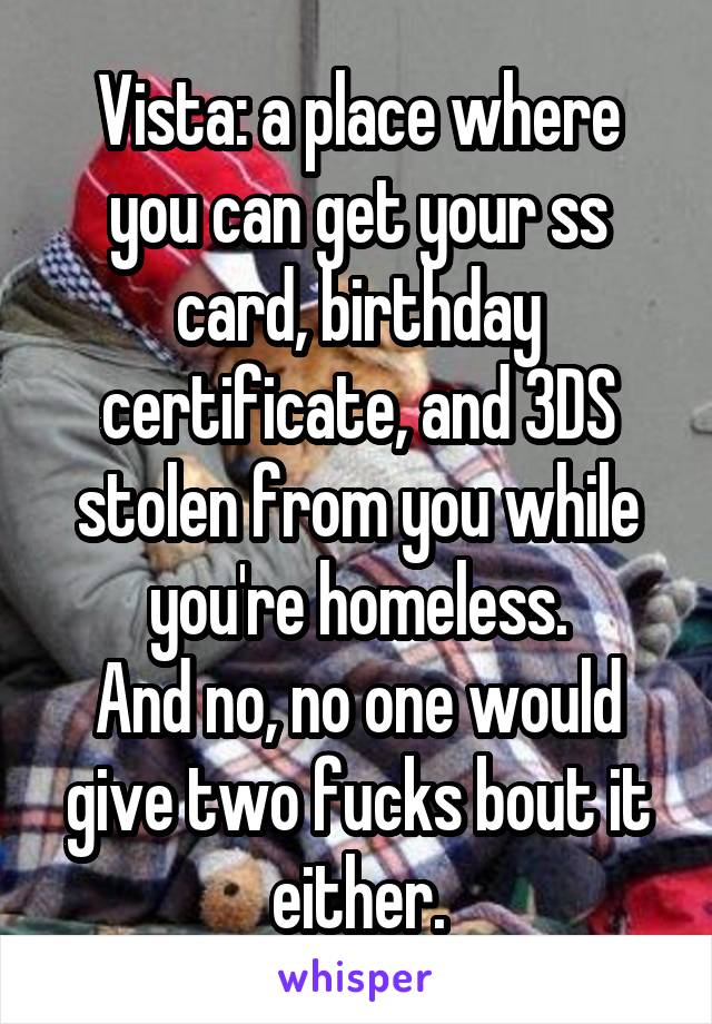 Vista: a place where you can get your ss card, birthday certificate, and 3DS stolen from you while you're homeless.
And no, no one would give two fucks bout it either.