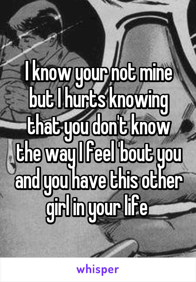 I know your not mine but I hurts knowing that you don't know the way I feel 'bout you and you have this other girl in your life 