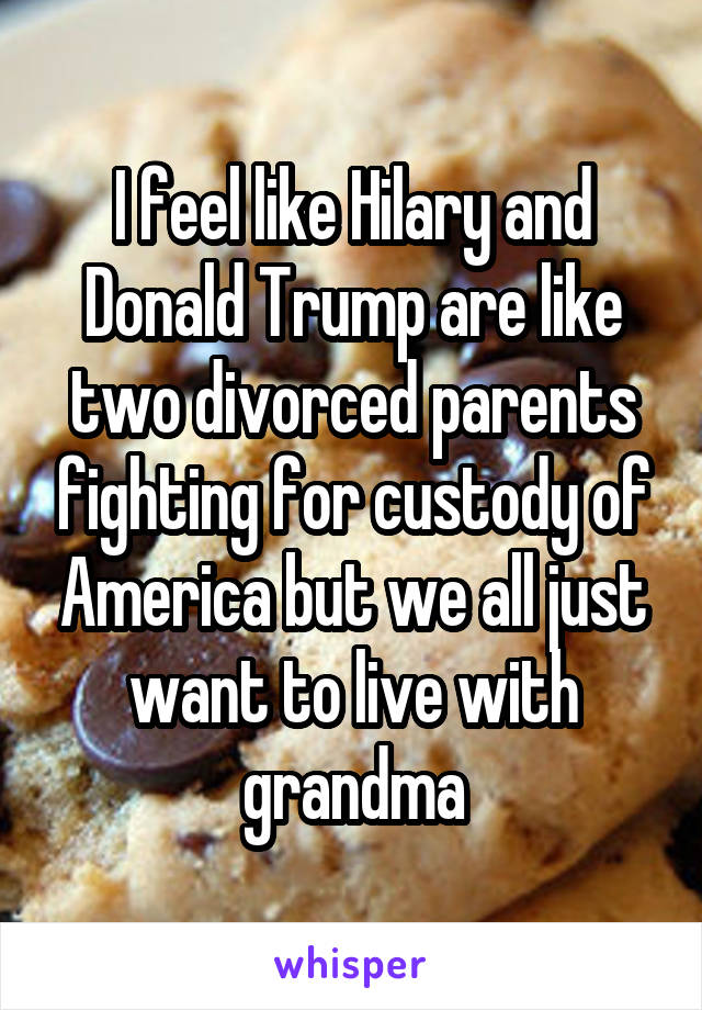 I feel like Hilary and Donald Trump are like two divorced parents fighting for custody of America but we all just want to live with grandma