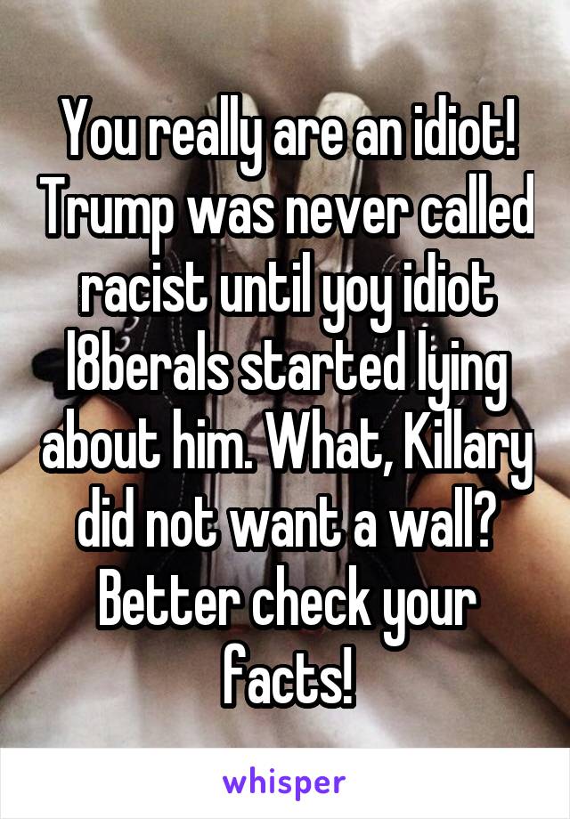 You really are an idiot! Trump was never called racist until yoy idiot l8berals started lying about him. What, Killary did not want a wall? Better check your facts!