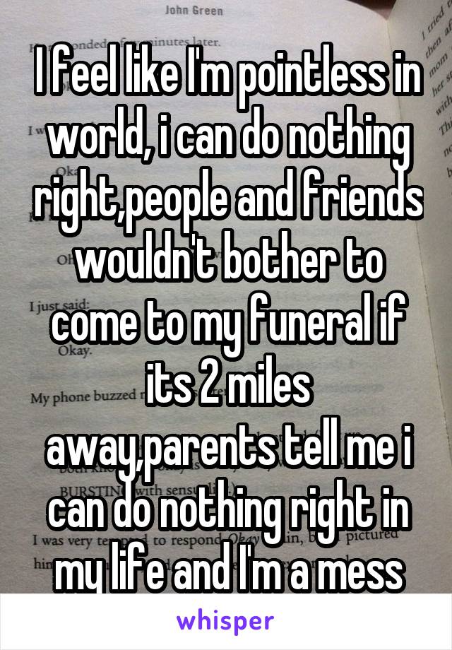 I feel like I'm pointless in world, i can do nothing right,people and friends wouldn't bother to come to my funeral if its 2 miles away,parents tell me i can do nothing right in my life and I'm a mess