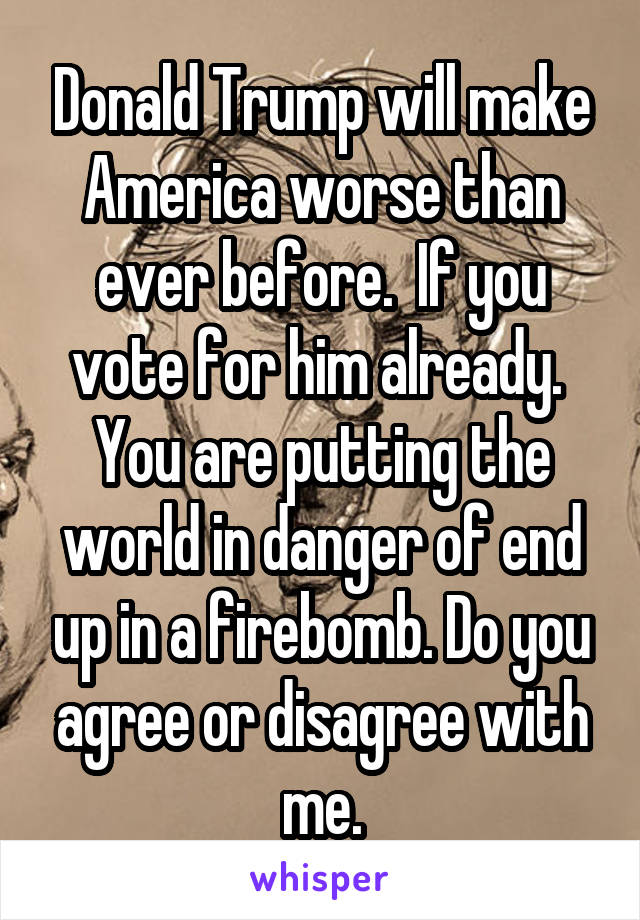 Donald Trump will make America worse than ever before.  If you vote for him already.  You are putting the world in danger of end up in a firebomb. Do you agree or disagree with me.