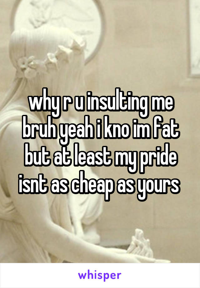 why r u insulting me bruh yeah i kno im fat but at least my pride isnt as cheap as yours 