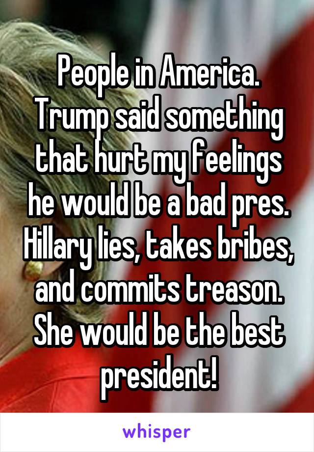 People in America. Trump said something that hurt my feelings he would be a bad pres. Hillary lies, takes bribes, and commits treason. She would be the best president!
