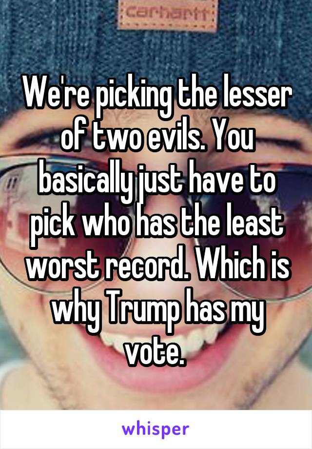 We're picking the lesser of two evils. You basically just have to pick who has the least worst record. Which is why Trump has my vote. 