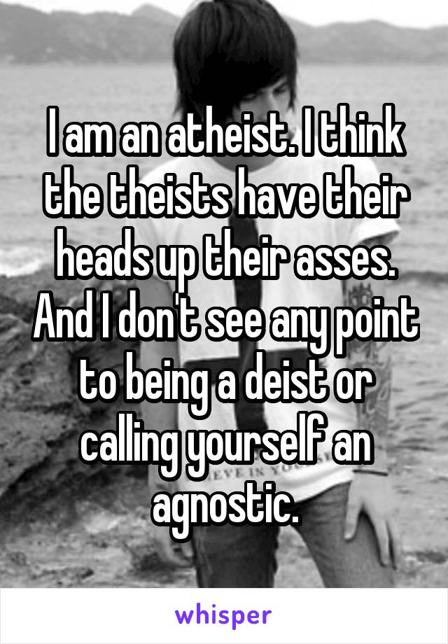 I am an atheist. I think the theists have their heads up their asses. And I don't see any point to being a deist or calling yourself an agnostic.