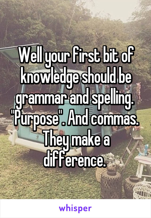 Well your first bit of knowledge should be grammar and spelling.  "Purpose". And commas.  They make a difference. 