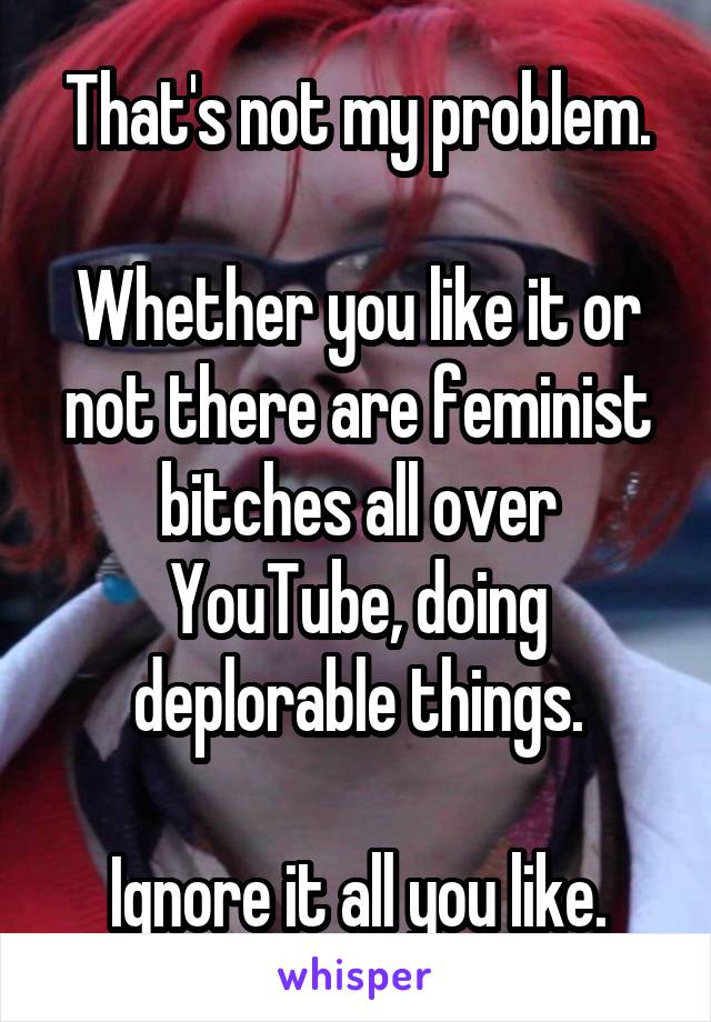 That's not my problem.

Whether you like it or not there are feminist bitches all over YouTube, doing deplorable things.

Ignore it all you like.