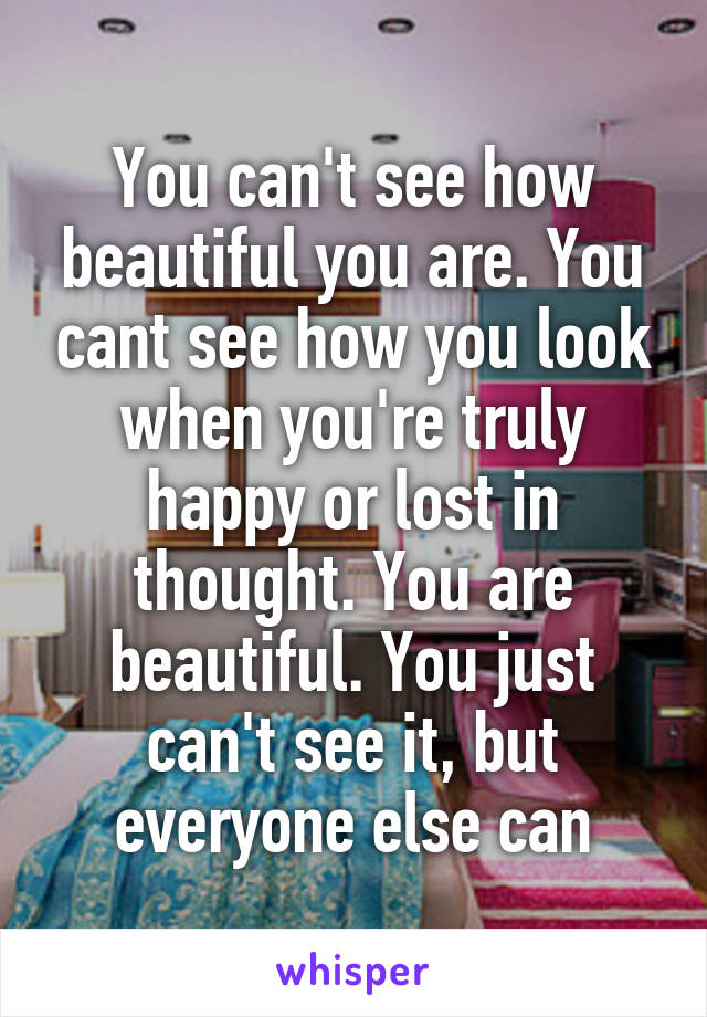 You can't see how beautiful you are. You cant see how you look when you're truly happy or lost in thought. You are beautiful. You just can't see it, but everyone else can