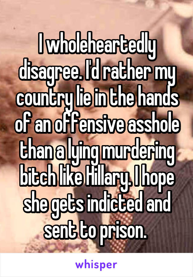 I wholeheartedly disagree. I'd rather my country lie in the hands of an offensive asshole than a lying murdering bitch like Hillary. I hope she gets indicted and sent to prison. 