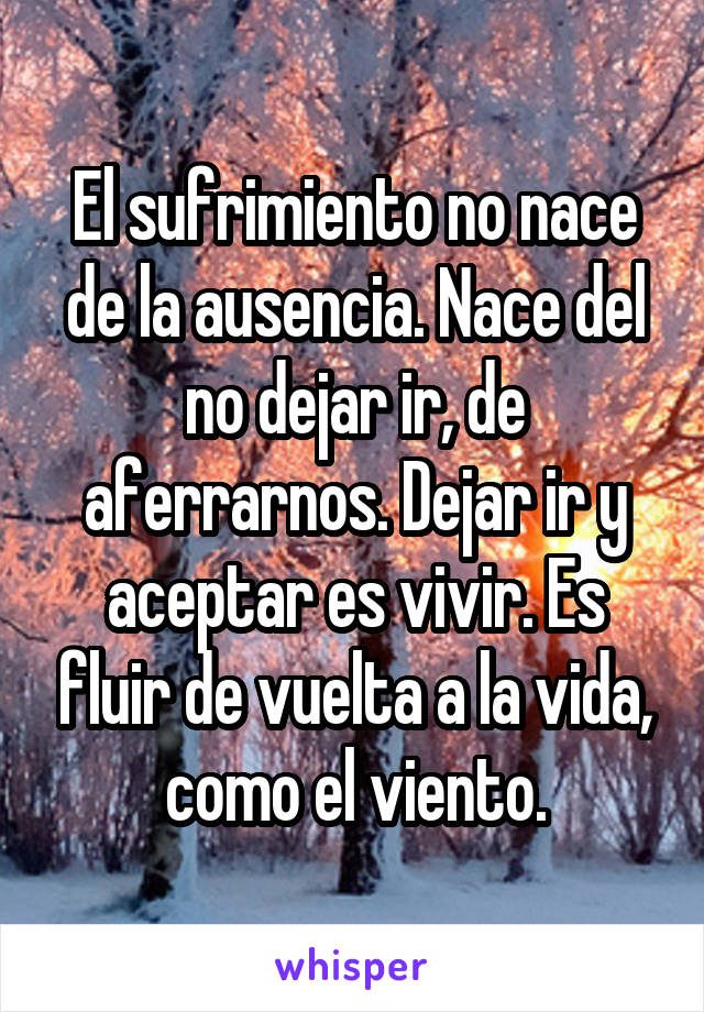 El sufrimiento no nace de la ausencia. Nace del no dejar ir, de aferrarnos. Dejar ir y aceptar es vivir. Es fluir de vuelta a la vida, como el viento.