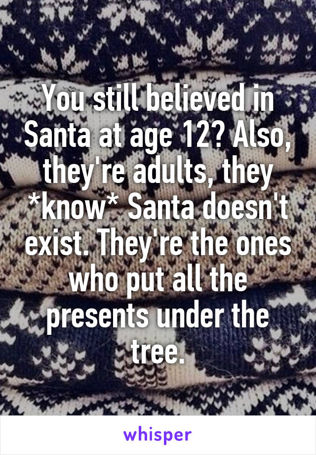 You still believed in Santa at age 12? Also, they're adults, they *know* Santa doesn't exist. They're the ones who put all the presents under the tree.