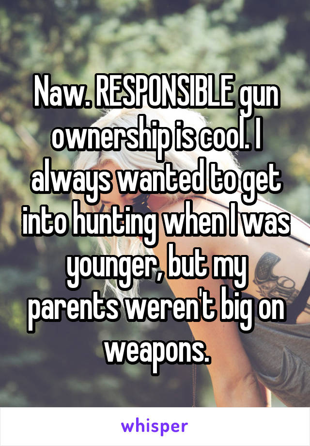 Naw. RESPONSIBLE gun ownership is cool. I always wanted to get into hunting when I was younger, but my parents weren't big on weapons.