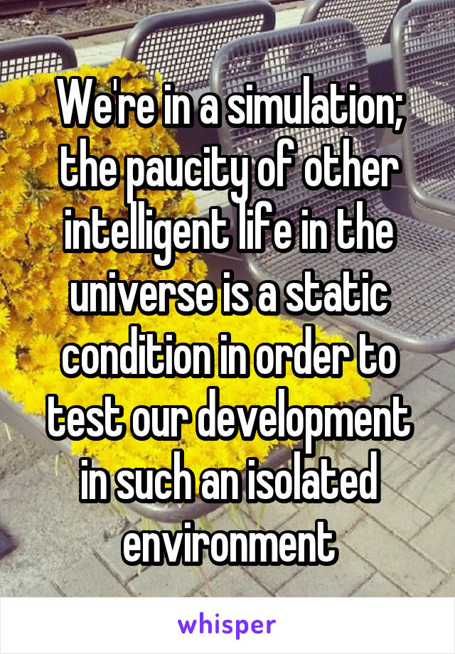 We're in a simulation; the paucity of other intelligent life in the universe is a static condition in order to test our development in such an isolated environment