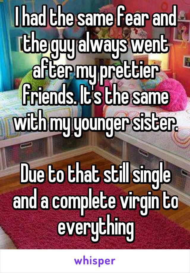 I had the same fear and the guy always went after my prettier friends. It's the same with my younger sister. 
Due to that still single and a complete virgin to everything
