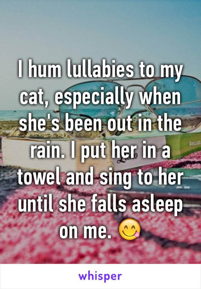 I hum lullabies to my cat, especially when she's been out in the rain. I put her in a towel and sing to her until she falls asleep on me. 😋 