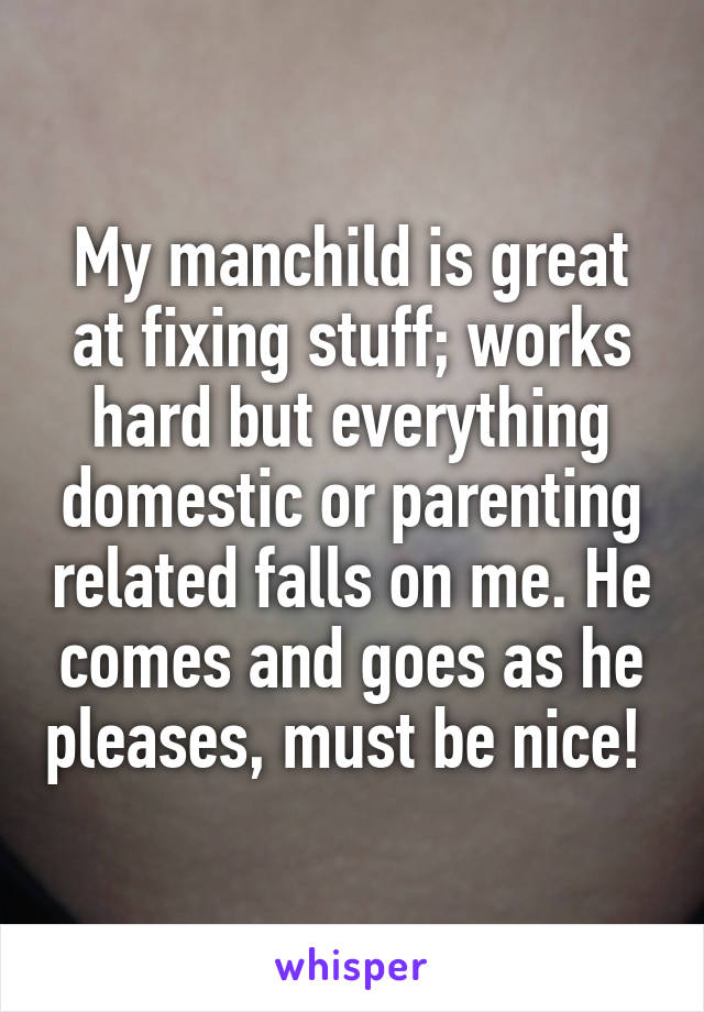 My manchild is great at fixing stuff; works hard but everything domestic or parenting related falls on me. He comes and goes as he pleases, must be nice! 