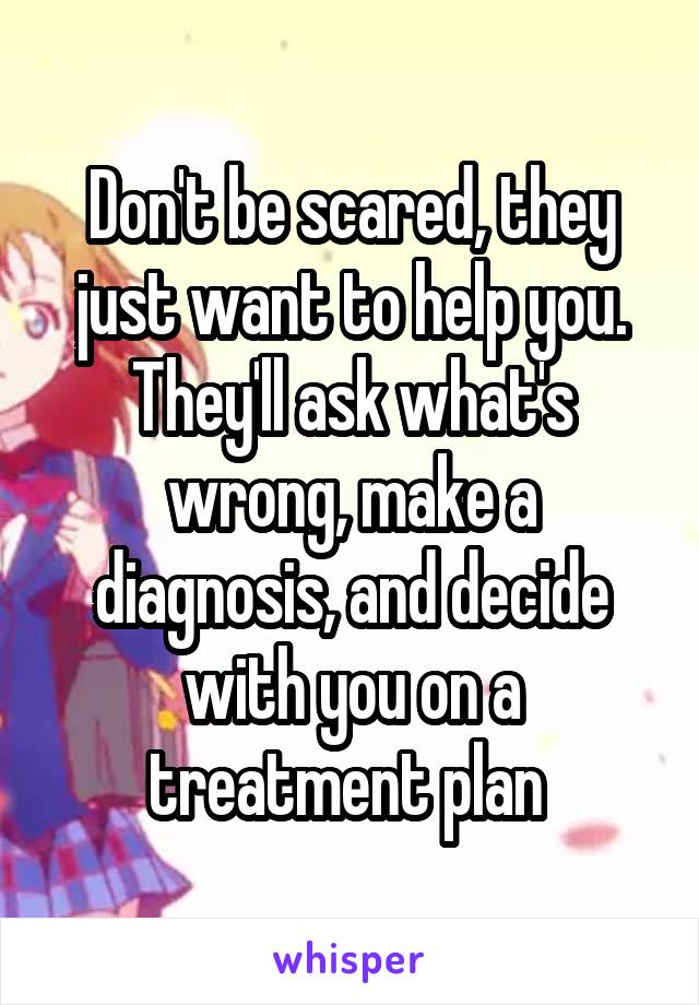 Don't be scared, they just want to help you. They'll ask what's wrong, make a diagnosis, and decide with you on a treatment plan 