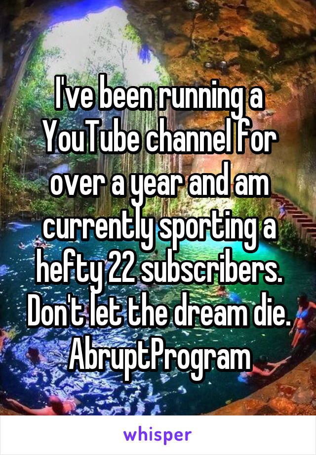 I've been running a YouTube channel for over a year and am currently sporting a hefty 22 subscribers. Don't let the dream die. AbruptProgram