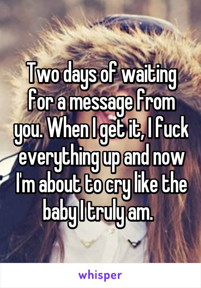 Two days of waiting for a message from you. When I get it, I fuck everything up and now I'm about to cry like the baby I truly am.  