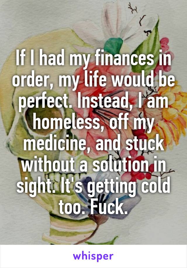 If I had my finances in order, my life would be perfect. Instead, I am homeless, off my medicine, and stuck without a solution in sight. It's getting cold too. Fuck.